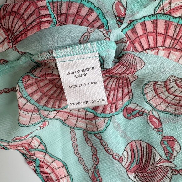 Roz & Ali Teal Pink Sea Shell Beach Semi Sheer Button Front Flowy Top Medium - Picture 6 of 7